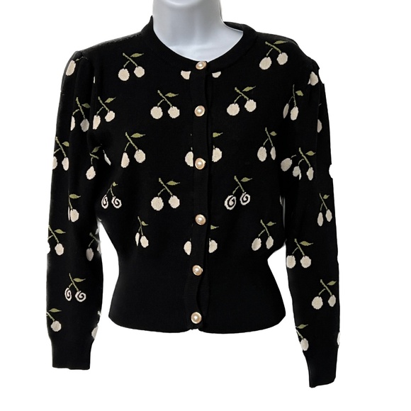 Marant Cherry Sweater Cardigan Button Up Repeat Pattern Black Cream Size S/M - Picture 1 of 6